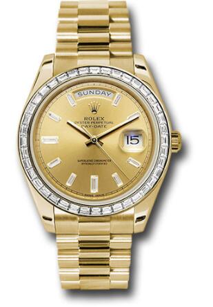 Replica Rolex Yellow Gold Day-Date 40 Watch 228398TBR Bezel Champagne Baguette Diamond Dial President Bracelet - Click Image to Close